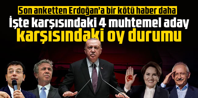 Son anketten Erdoğan'a bir kötü haber daha: İşte karşısındaki 4 muhtemel aday karşısındaki oy durumu