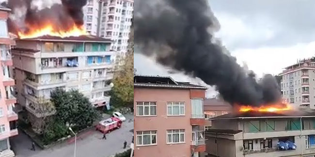 Rize'de 5 katlı binanın çatısı alev alev yandı
