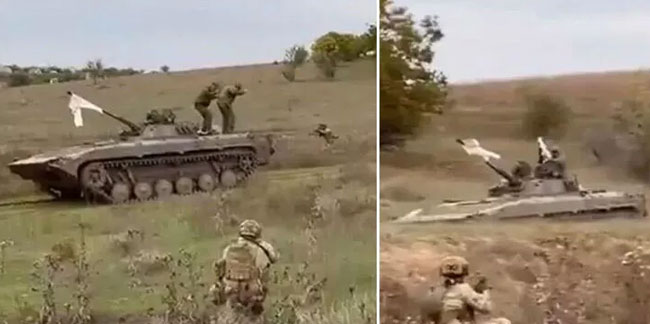 Rus hezimeti: Tankın namlusuna beyaz bayrak bağlayarak teslim oldular!