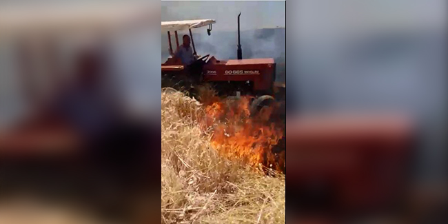 Bir yıllık emeğini kurtarmak için traktörle ateşin içine daldı