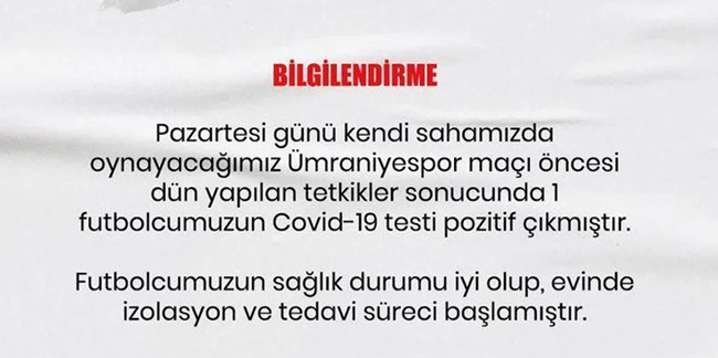 Samsunspor’da bir futbolcunun koronavirüs testi pozitif çıktı