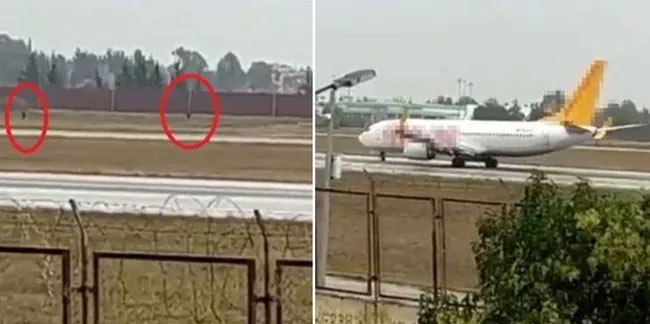Adana Havalimanı'nda bir grup, piste inen uçağın önüne çıktı!