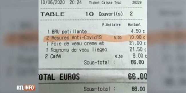 Belçika'da bir restoran 5 Euro korona bedeli alıyor