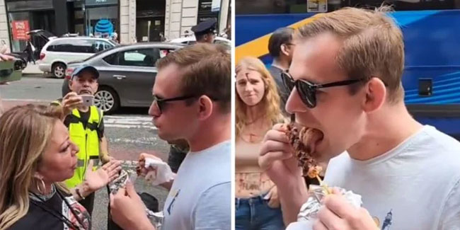 New York'ta bir kişi, vegan aktivistlerin karşısına geçip şiş kebap yedi