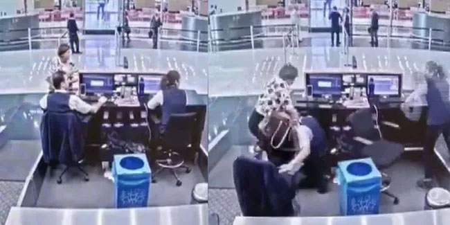 THY görevlisinin deprem anında yolcuyu koruduğu anlar kamerada