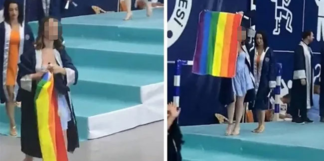 Mezuniyet töreninde LGBT bayrağı açtı!